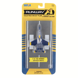Daron Runway 24 F/A-18A Hornet diecast model airplane in its original blister packaging, featuring a blue and yellow USN Blue Angels jet.