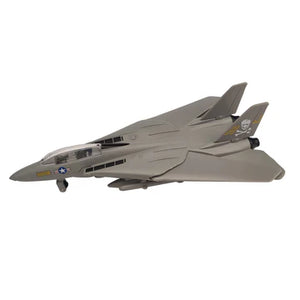 A 9-inch pullback toy airplane model, resembling an F-14 Tomcat, with gray color and varied markings.
