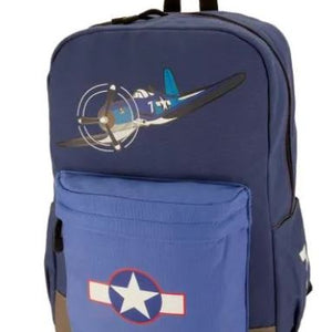 Blue Corsair backpack with airplane design and star emblem on a white background