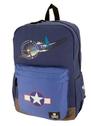 Blue Corsair backpack with airplane design and star emblem on a white background