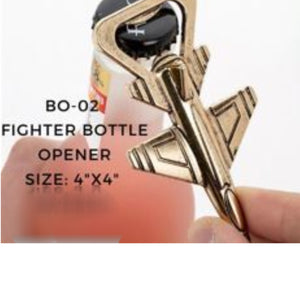 Gold airplane-shaped bottle opener held by a hand with text indicating size and model number.