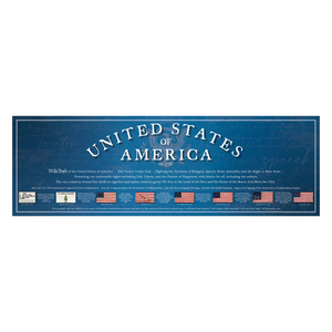 Panoramic banner with 'United States of America' text and American flags on a blue background