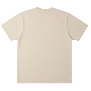 A plain beige short-sleeve t-shirt shown from the back, laid flat against a clean white background.
