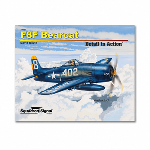 Book cover of 'F8F Bearcat' by David Doyle with a blue airplane on a cloudy sky background.