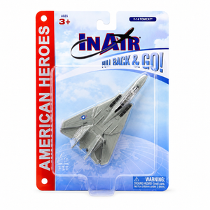 American Heroes in Air F-14 Tomcat toy model in its original blister card packaging, featuring a gray plastic jet model with a blue star insignia.