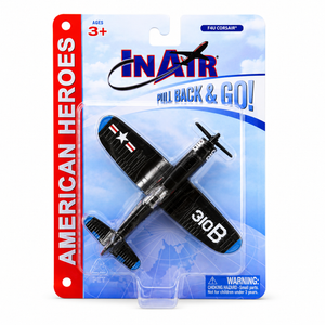 In Air American Heroes Fau Corsair 310B toy airplane in its original blister card packaging, featuring a black fuselage with white and red markings.