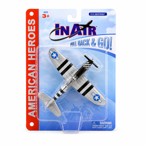 American Heroes In Air P-51 Mustang toy airplane in its original blister card packaging, featuring a silver and black striped fighter plane with US military insignia.