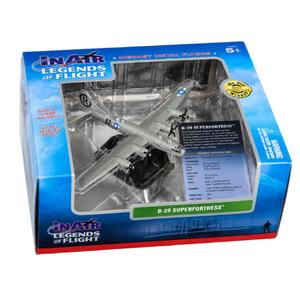 IN Air Legends of Flight B-29 Superfortress toy model airplane in its original blue and silver packaging, showing the silver model plane inside a clear plastic window.