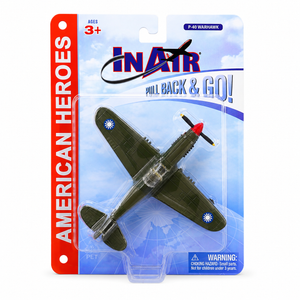 In Air F-40 Warhawk toy airplane in its original blister card packaging, featuring a green military jet with a red nose propeller tip and blue star insignias.