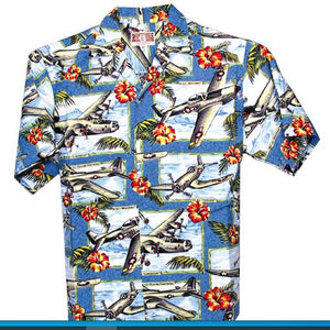 Hawaiian shirt with airplane and floral pattern on a white background