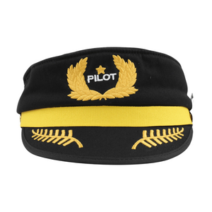 A black and yellow pilot cap featuring a gold embroidered winged star with the word 'PILOT' in white, and gold embroidered winged propeller blades on the lower front.