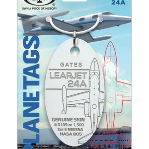 Gates Learjet 24A Moto Art plane tag packaging with airplane illustration on a blue background