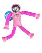 Toy figure with pink outfit and blue helmet on a white background