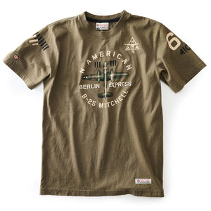 Olive green t-shirt with airplane graphic and text on a white background