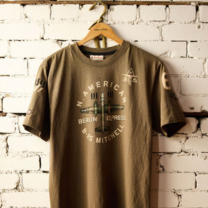 A green t-shirt with graphic design woith North American  logo B-25 Mitchell Berlin Express and bombs on sleve