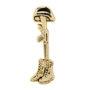 Gold-colored military-themed charm with helmet, rifle, and boots on a white background