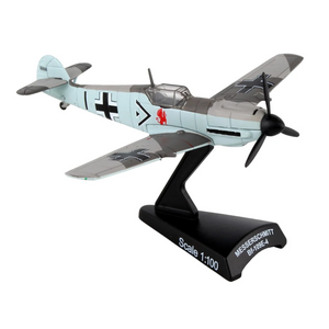 A 1:100 scale model of a Messerschmitt Bi-1084-R WWII German fighter plane, displayed on a black stand against a white background.