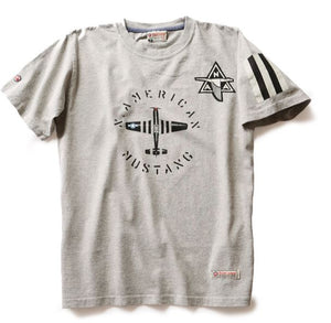 Gray t-shirt with 'American Mustang' design on a white background