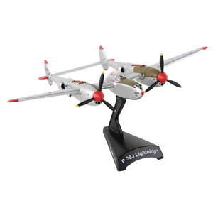 A scale model of a P-38J Lightning fighter plane on a black display stand, photographed against a solid white background.