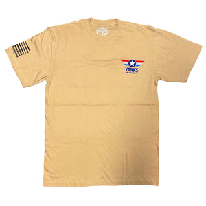 Beige t-shirt with a Yank logo and text on a white background