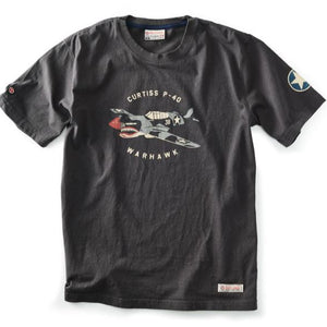 Black t-shirt with Curtiss P-40 Warhawk graphic on a white background