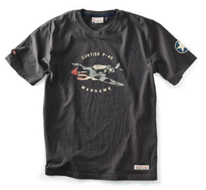 Black t-shirt with Curtiss P-40 Warhawk graphic on a white background