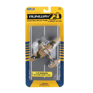 Darn Runway 24 P-40 Warhawk collectible diecast plane and runway section in its original blister packaging, featuring a tan and green camouflage plane with a blue star on a gray runway.