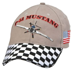 Beige cap with 'P-51 Mustang' text, airplane graphic, and American flag on a white background