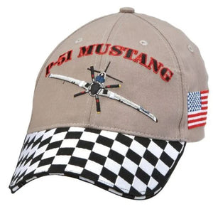 Beige cap with 'P-51 Mustang' text, airplane graphic, and American flag on a white background