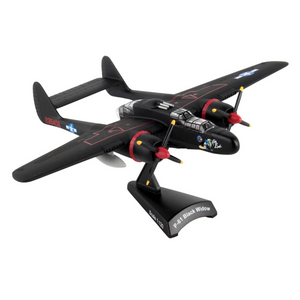 A black model airplane of the P-51 Mustang 'Black Widow' with red, white, and blue markings, displayed on a black stand against a white background.