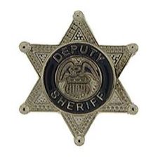 A metal pin shaped like a deputy sheriff's badge with a silver finish and black detailing.