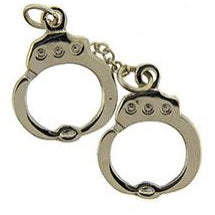 A pair of silver-colored handcuff pins connected by a small chain.