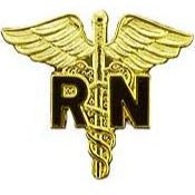 A gold-colored pin with the medical caduceus symbol and the letters 'RN' included.