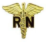 A gold-colored pin with the medical caduceus symbol and the letters 'RN' included.