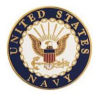 A round pin badge featuring the United States Navy emblem with a golden eagle, stripes, and the text 'United States Navy'.