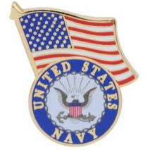 A pin with the United States Navy emblem and the American flag.