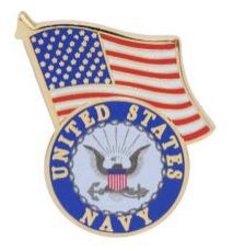 A pin with the United States Navy emblem and the American flag.