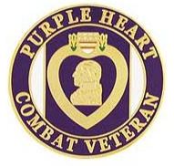 A round pin badge with a purple background and gold text that reads 'Purple Heart Combat Veteran'.