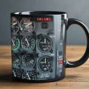 Mug with aircraft instrument design on a wooden surface