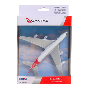 A packaged Qantas die-cast metal toy airplane by Daron, shown in its retail blister packaging against a plain white background.