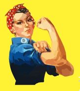 Iconic image of a woman with a red bandana flexing her arm on a yellow background