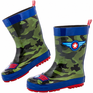 A pair of glossy rubber rain boots with a green camouflage pattern, royal blue trim, and red soles. One boot features a winged star emblem on the side, and the other shows a red and blue stripe patch near the sole.