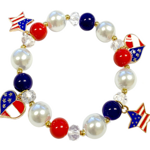 Bracelet with American flag charms and beads on a white background
