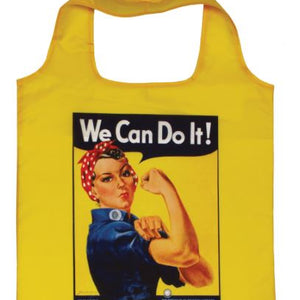 Yellow tote bag with 'We Can Do It!' graphic featuring a woman flexing her arm.