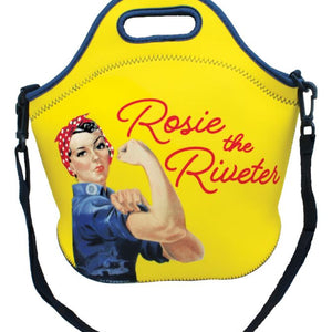Yellow neoprene lunch bag with 'Rosie the Riveter' graphic and text on a white background