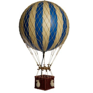 Hot air balloon with blue and beige pattern on a white background