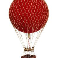 Red hot air balloon with a wicker basket on a white background