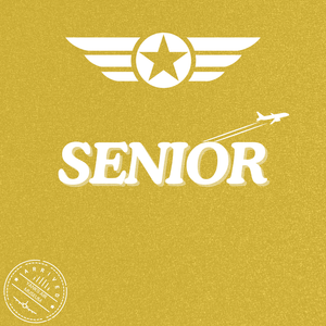 Gold background with 'SENIOR' text and airplane graphic, featuring a star and wings emblem.
