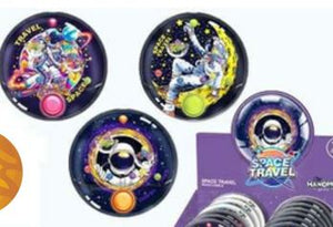 Colorful space-themed water game assorted  astronauts and planets on a black background.