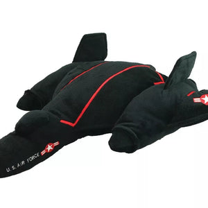 A plush toy resembling the SR-71 Blackbird airplane with black fabric and red embroidery, designed to be cuddly.